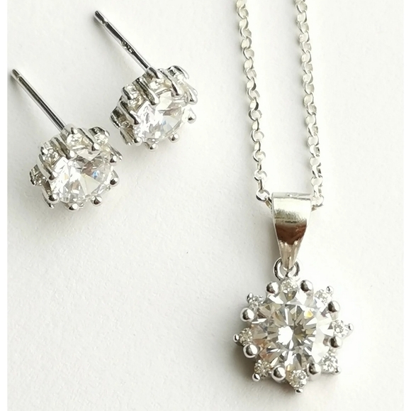 NEW, sterling silver cz Sunflower pendant necklace earring set - Picture 5 of 9